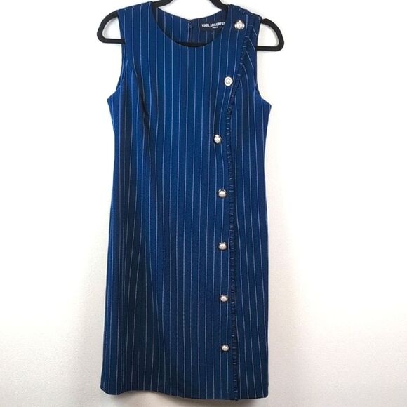 Karl Lagerfeld Paris Navy Pinstripe Sheath Dress  Gold Pearl Buttons Old Money - Picture 9 of 9